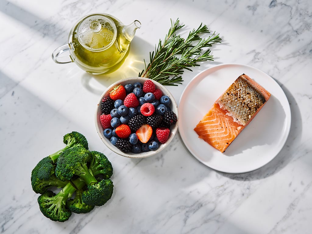 A flat lay of healthy anti-glycation foods like berries, green tea, and salmon