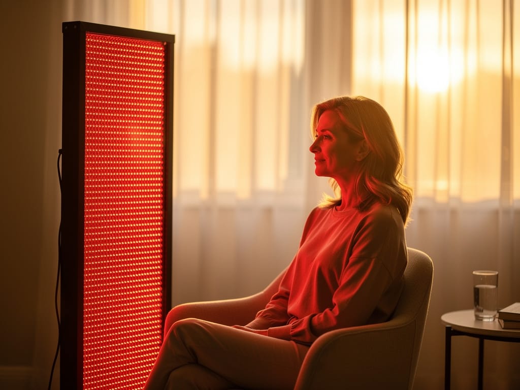 Woman using red light therapy panel in a bright morning room