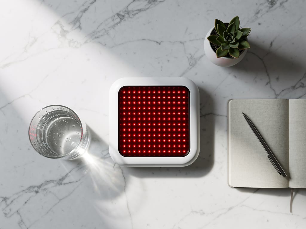 Red light therapy device on marble surface with journal and plant