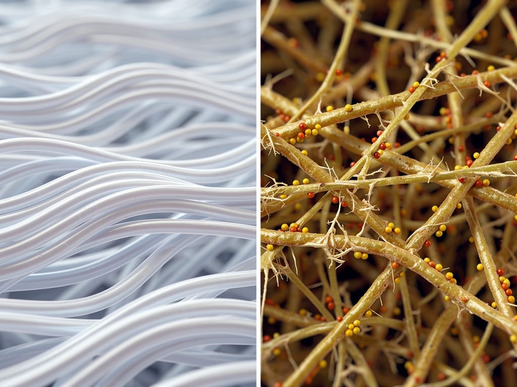A scientific visualization of healthy vs. glycated collagen fibers